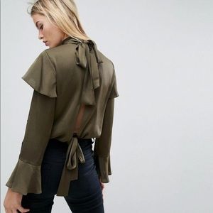 ASOS Luxe Ruffle Blouse Back Detail Khaki Size 8
